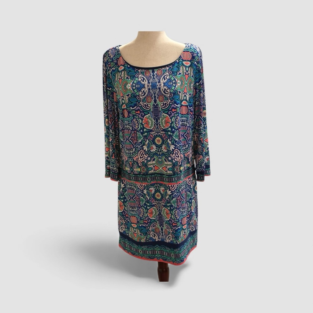 Laundry By Shelli Segal Navy Blue and Multicolour Print Sheath  size Large - Picture 4 of 13